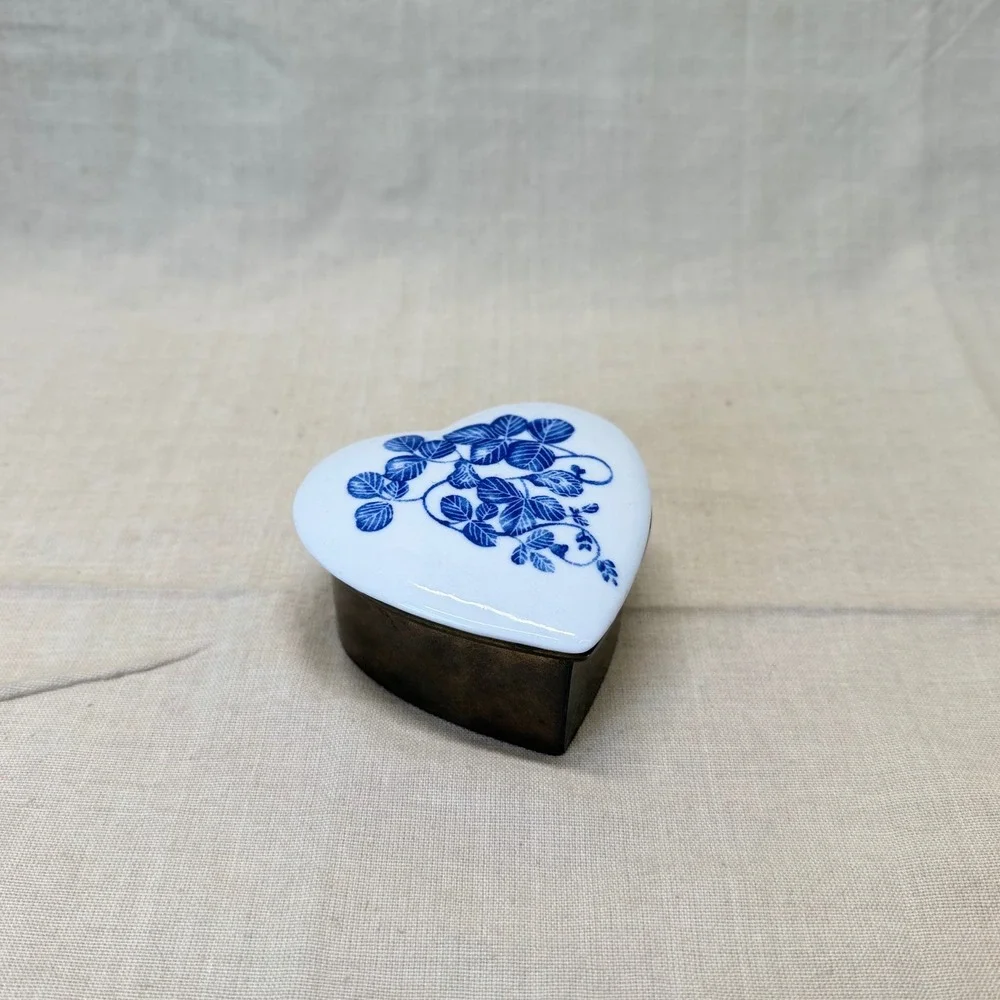 Vintage Heart Trinket Box Brass Porcelain Blue Floral Jewelry Keepsake 1970s